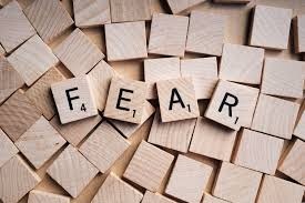 Das Wort "Fear" aus Holzsteinen gelegt